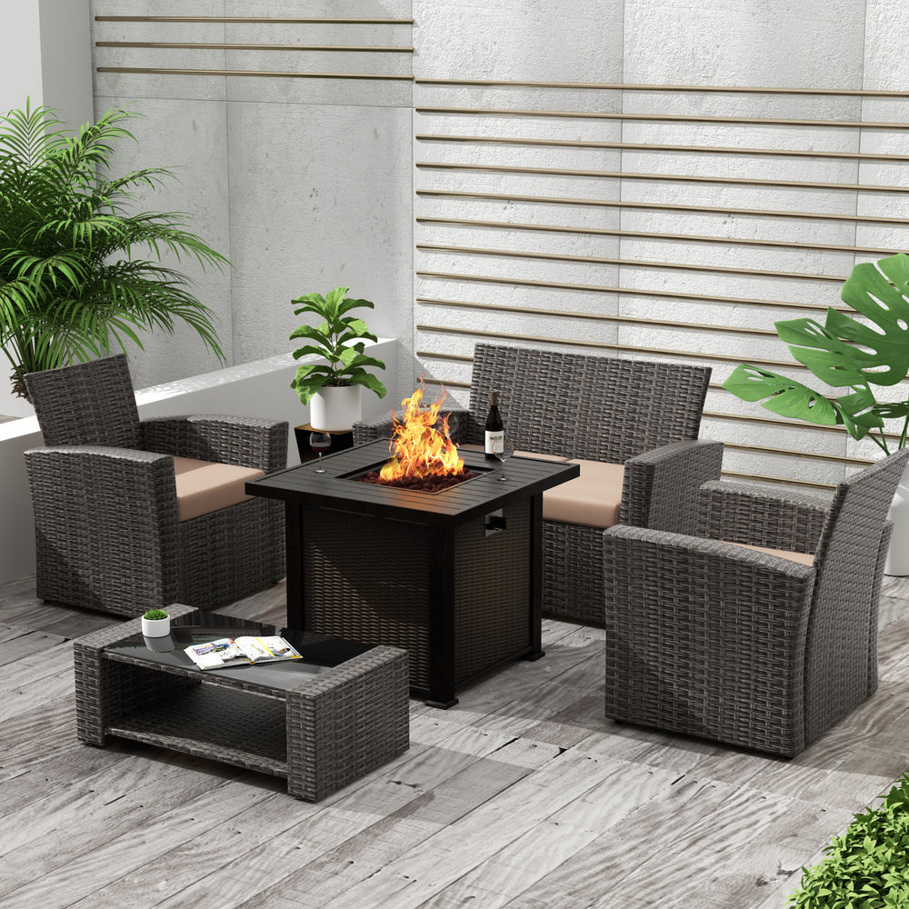 Coastal 4-Piece Conversation Outdoor Patio Sofa Set with Square Fire Pit Table, Gray