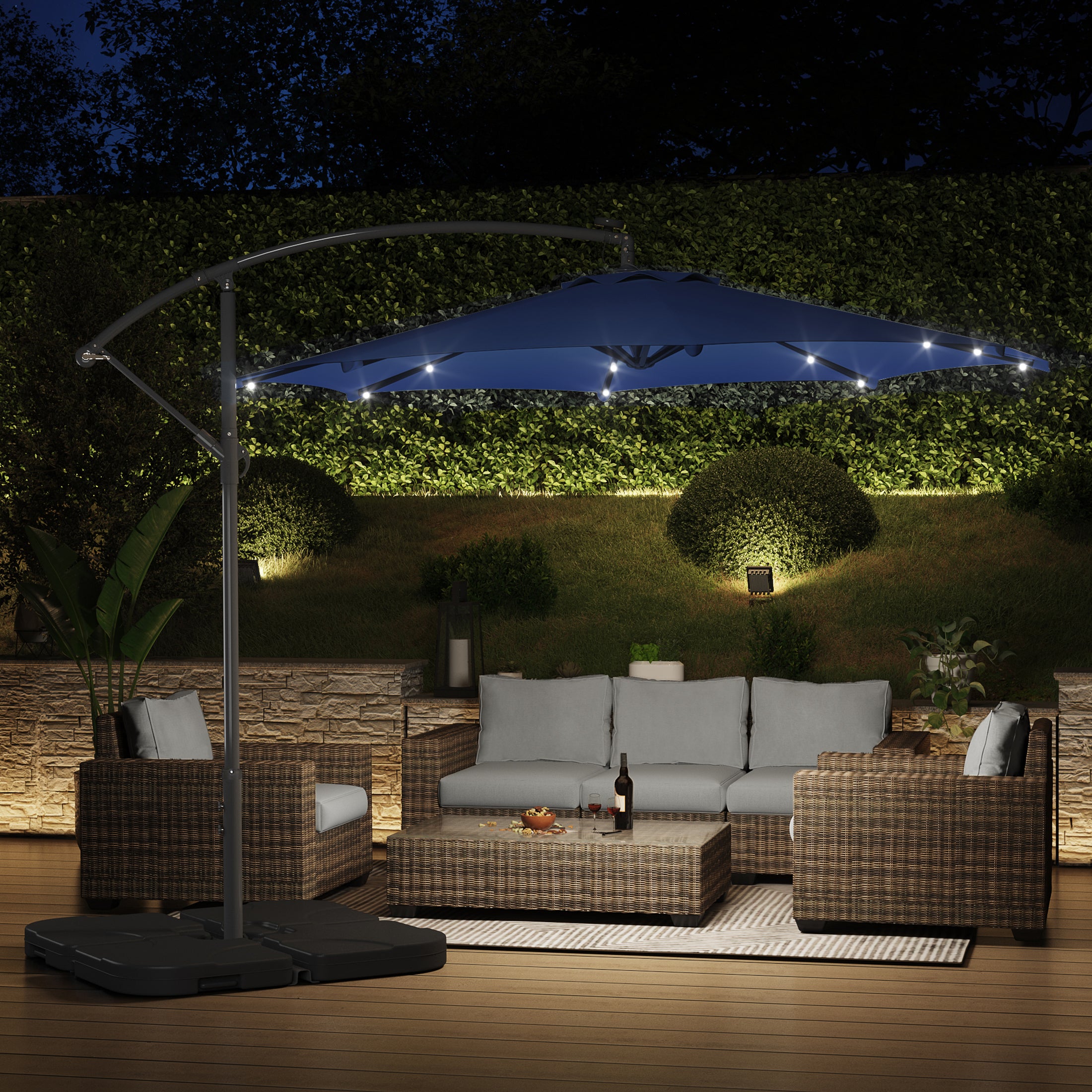 Albert 10 ft. Outdoor / Paito Cantilever Hanging Umbrella with Solar Power LED lights and 50 lbs concrete weight base kit