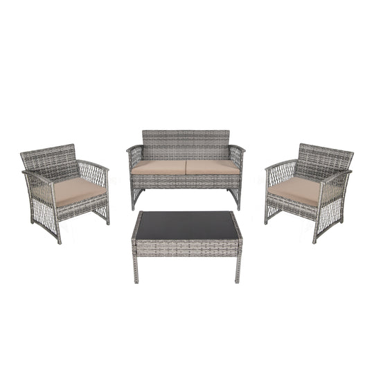 Melvi 4-Piece Outdoor Patio Wicker Conversation Set, Gray