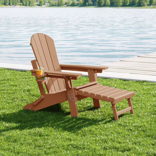 Malibu Folding Adjustable Adirondack Chair with Retractable Ottoman and Cup Holder
