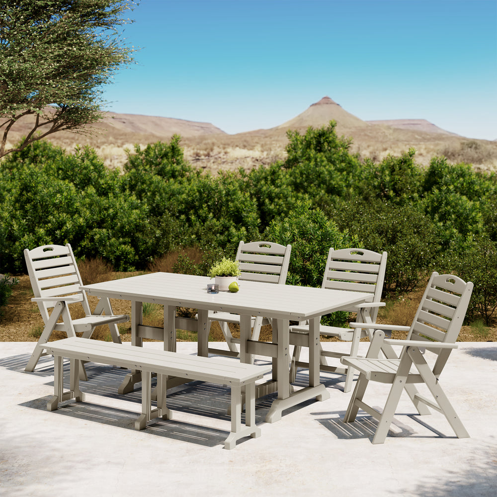 Malibu 6-Piece HDPE Rectangular Patio Dining Table Set with Foldable Chairs and Patio Bench