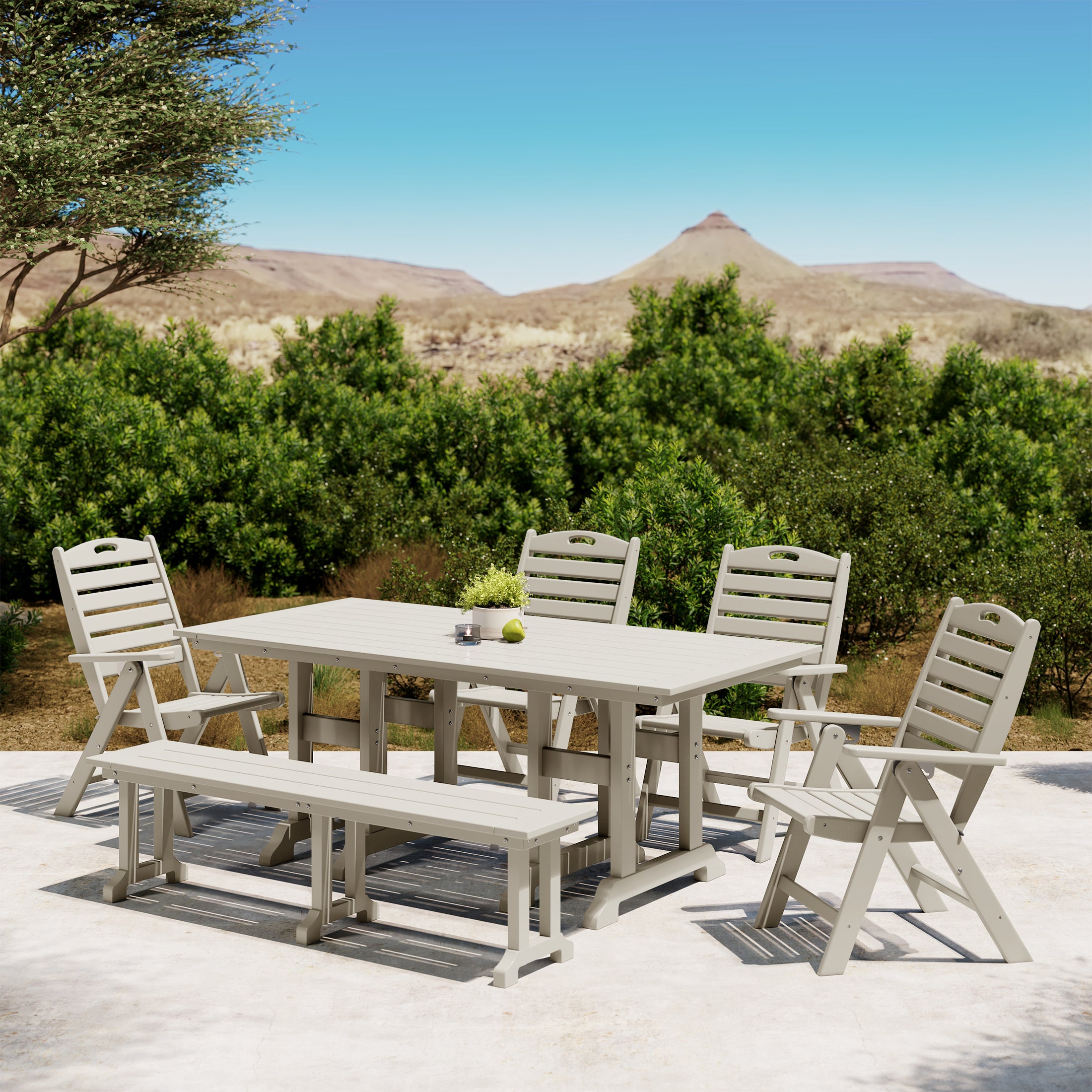 Malibu 6-Piece HDPE Rectangular Patio Dining Table Set with Foldable Chairs and Patio Bench