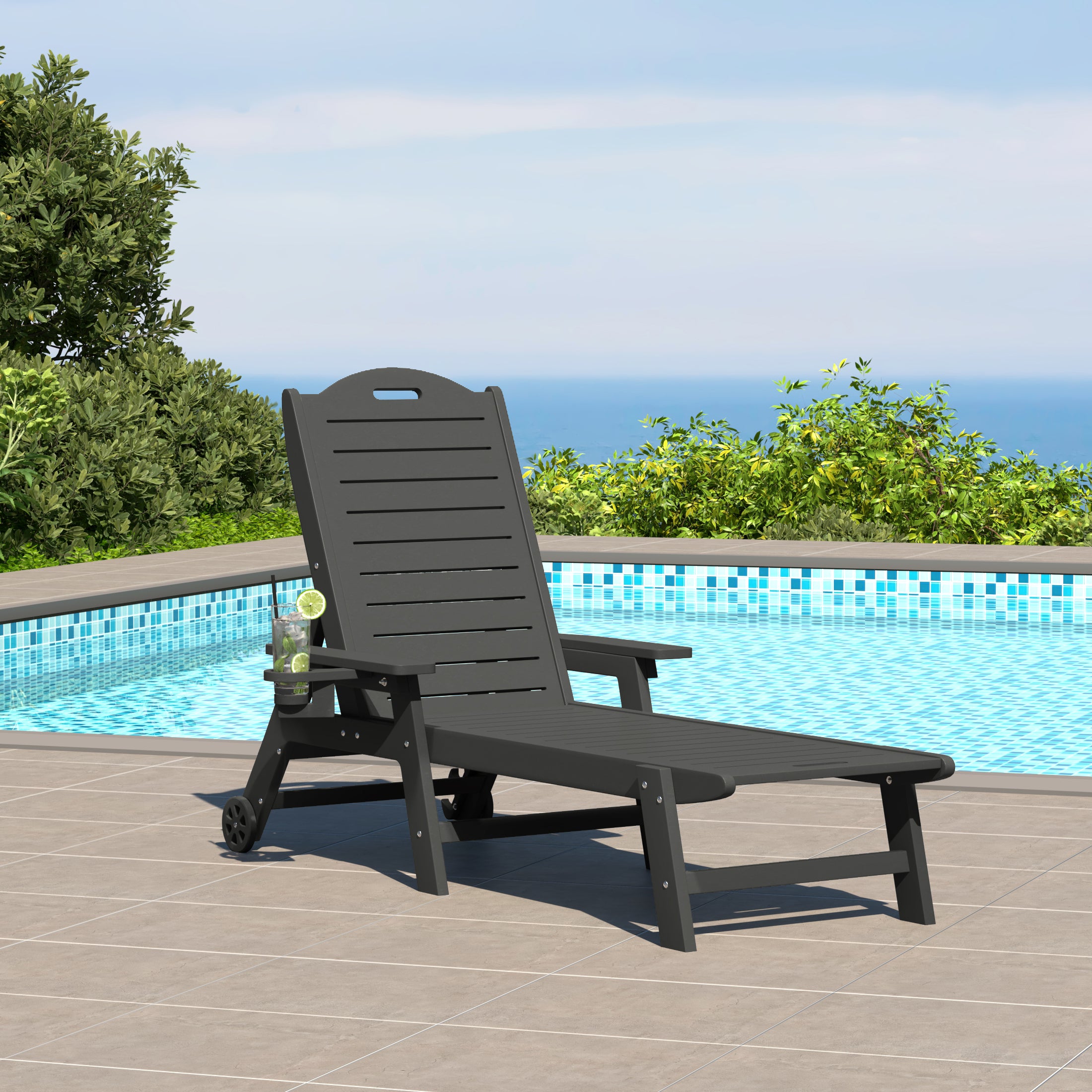 Aruba Outdoor HDPE Patio Chaise Lounge With Wheels & Cup Holder