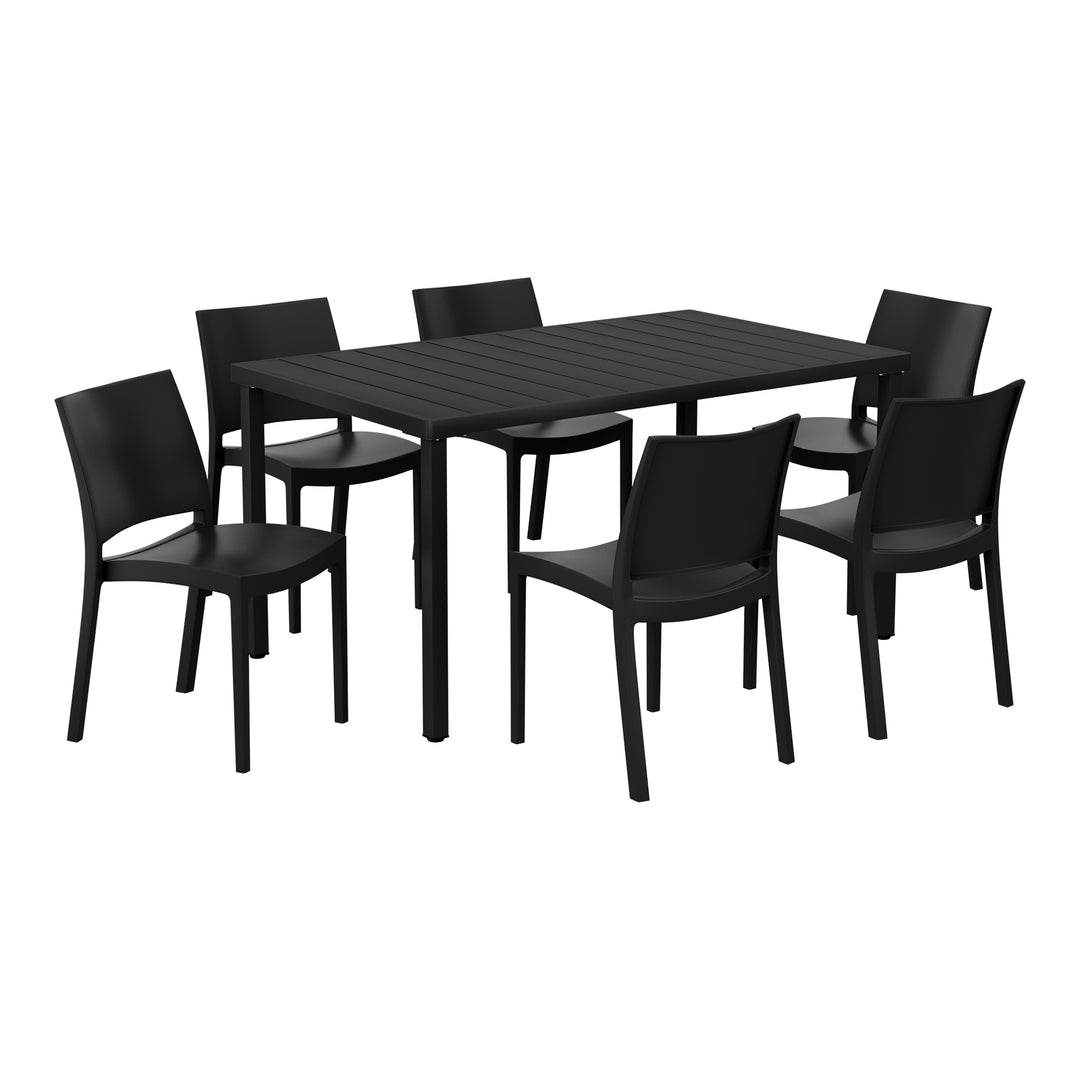 Playa 7-Piece Outdoor Rectangular Metal Patio Dining Table Set With Stackable Resin Patio Side Chairs