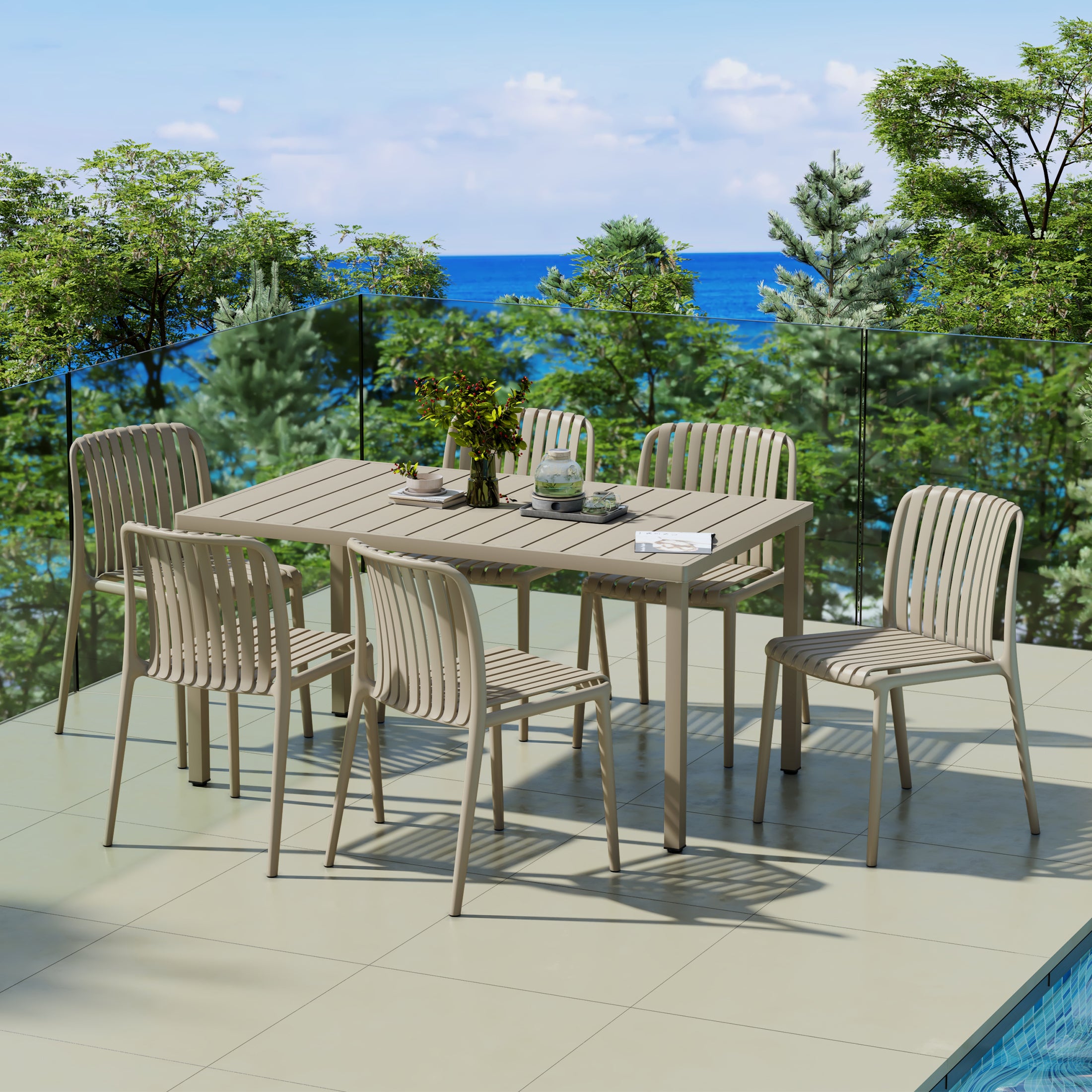 Playa 7-Piece Outdoor Patio Dining Table Set With Stackable Patio Chairs