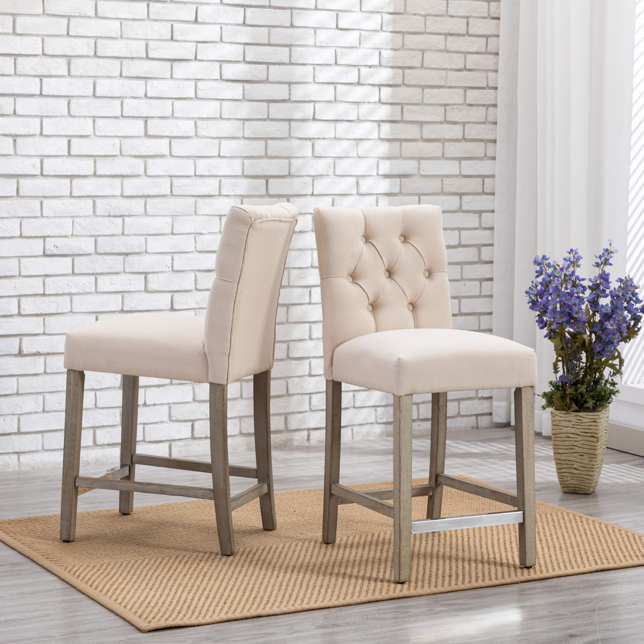 Hayes 24" Linen Fabric Tufted Counter Stool (Set of 2),Antique Gray