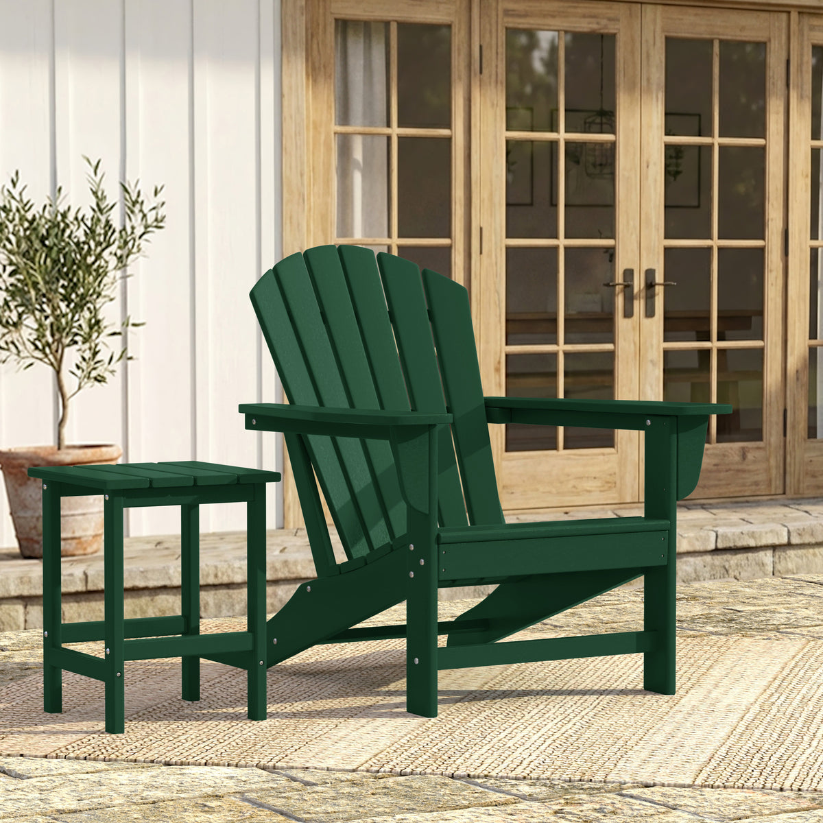 Dylan Adirondack chair in Dark Green styled outdoors