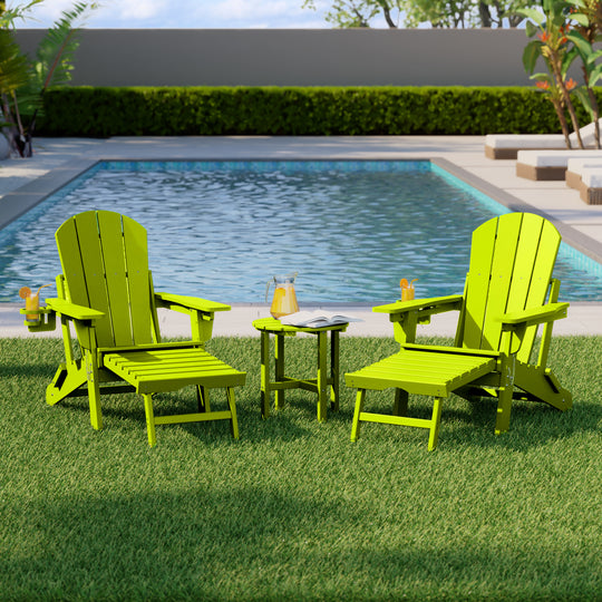 Malibu 3-Piece Outdoor Folding Adjustable Adirondack Chair with Cup Holder & Hideaway Ottoman and 18" Side Table