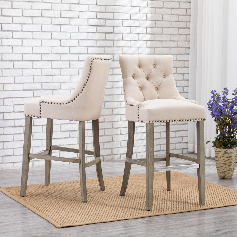 Hayes 29" Upholstered Tufted Wood Bar Stool (Set of 2), Antique Gray