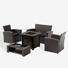 Coastal 4-Piece Conversation Outdoor Patio Sofa Set with Square Fire Pit Table, Chocolate