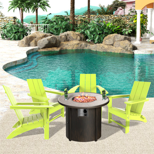 Ashore Modern Folding Poly Adirondack Chair With Round Fire Pit Table