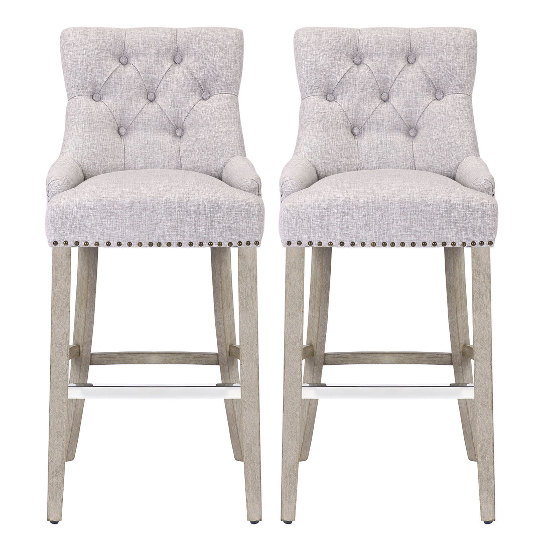 Hayes 29" Upholstered Tufted Wood Bar Stool (Set of 2), Antique Gray