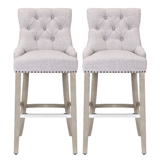 Hayes 29" Upholstered Tufted Wood Bar Stool (Set of 2), Antique Gray