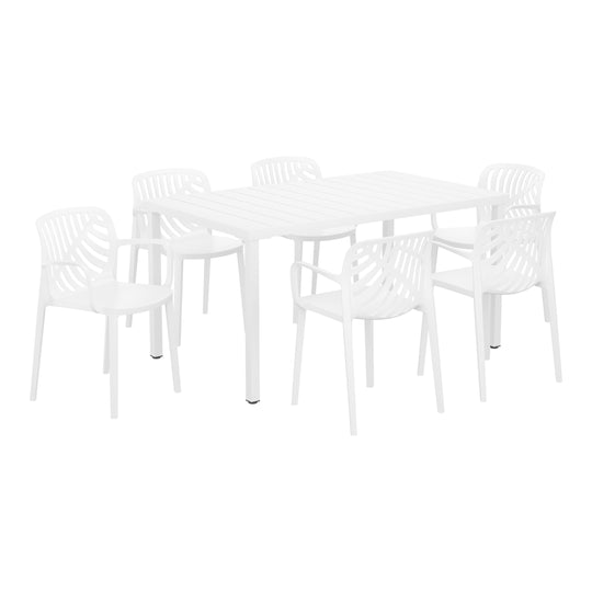 Playa 7-Piece Outdoor Metal Rectangle Patio Dining Table Set With Stackable Resin Patio Dining Chairs