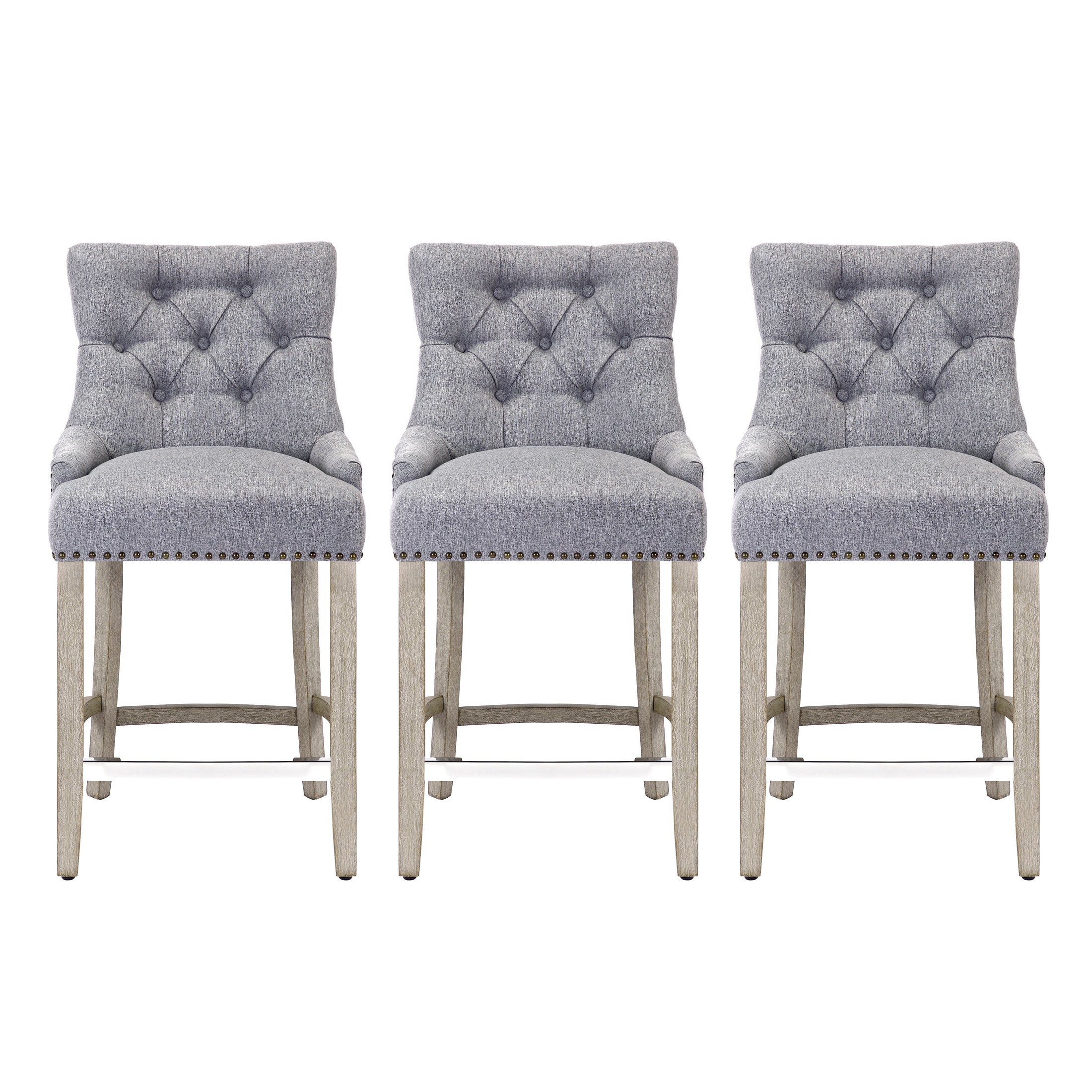 Hayes 24" Upholstered Wood Bar Stool with Tufted Back (Set of 3)