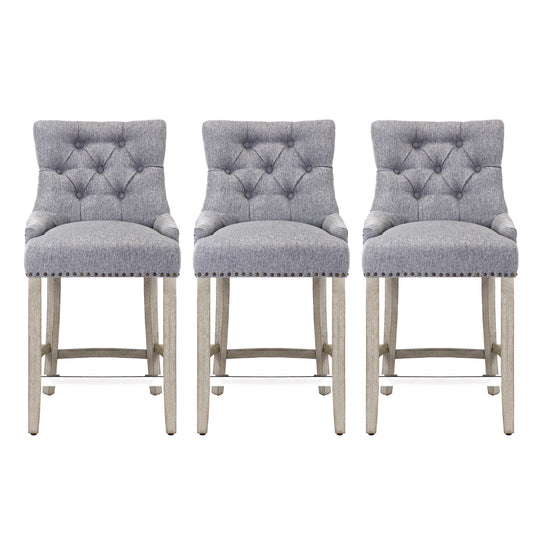 Hayes 24" Upholstered Tufted Wood Bar Stool (Set of 3), Antique Gray