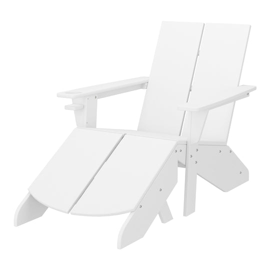 Riviera Outdoor HDPE Modern Adirondack Chair with Folding Patio Ottoman and Cup Holder