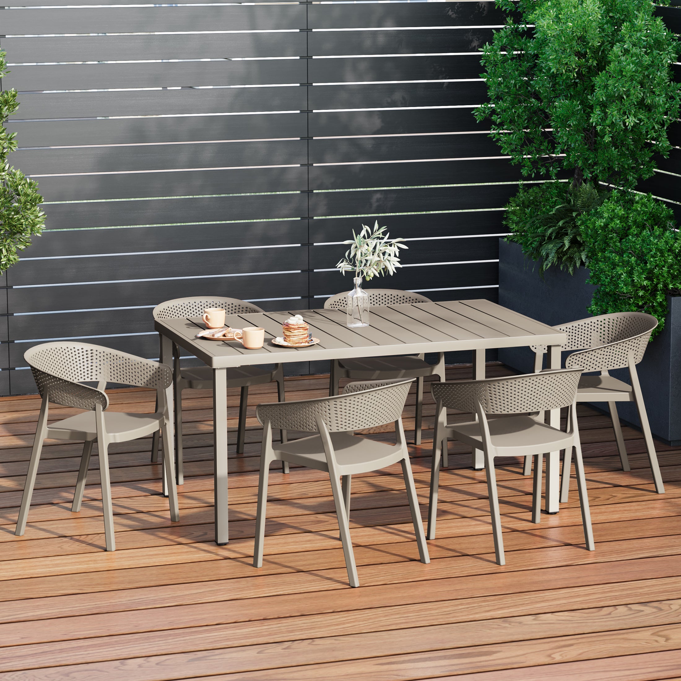 Playa 7-Piece Outdoor Metal Rectangle Patio Dining Table Set With Stackable Patio Dining Chairs