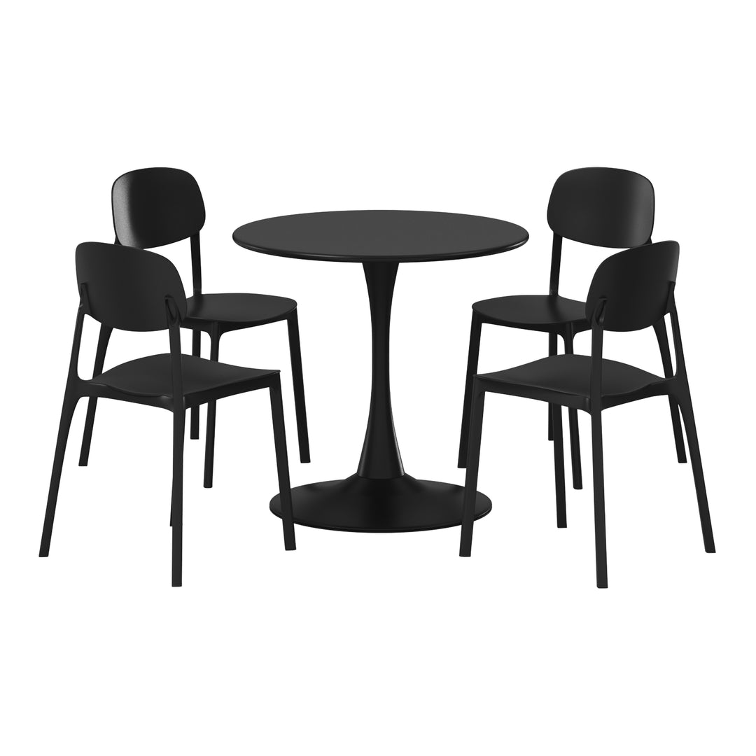 Playa 5-Piece Indoor Outdoor Metal Round Patio Dining Table Set With Stackable Resin Patio Side Chairs
