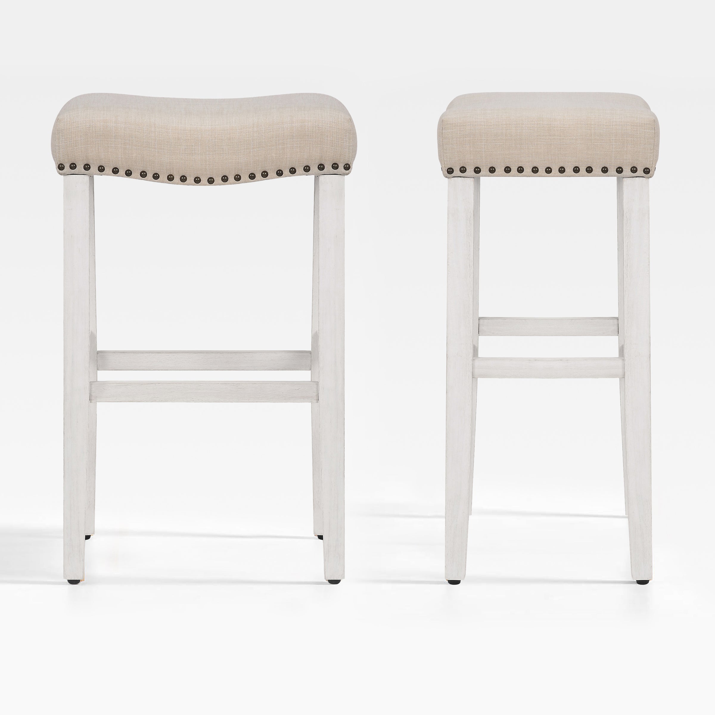 Lenox 29" upholstered nail head bar counter stools with Antique White color legs (2 piece set)