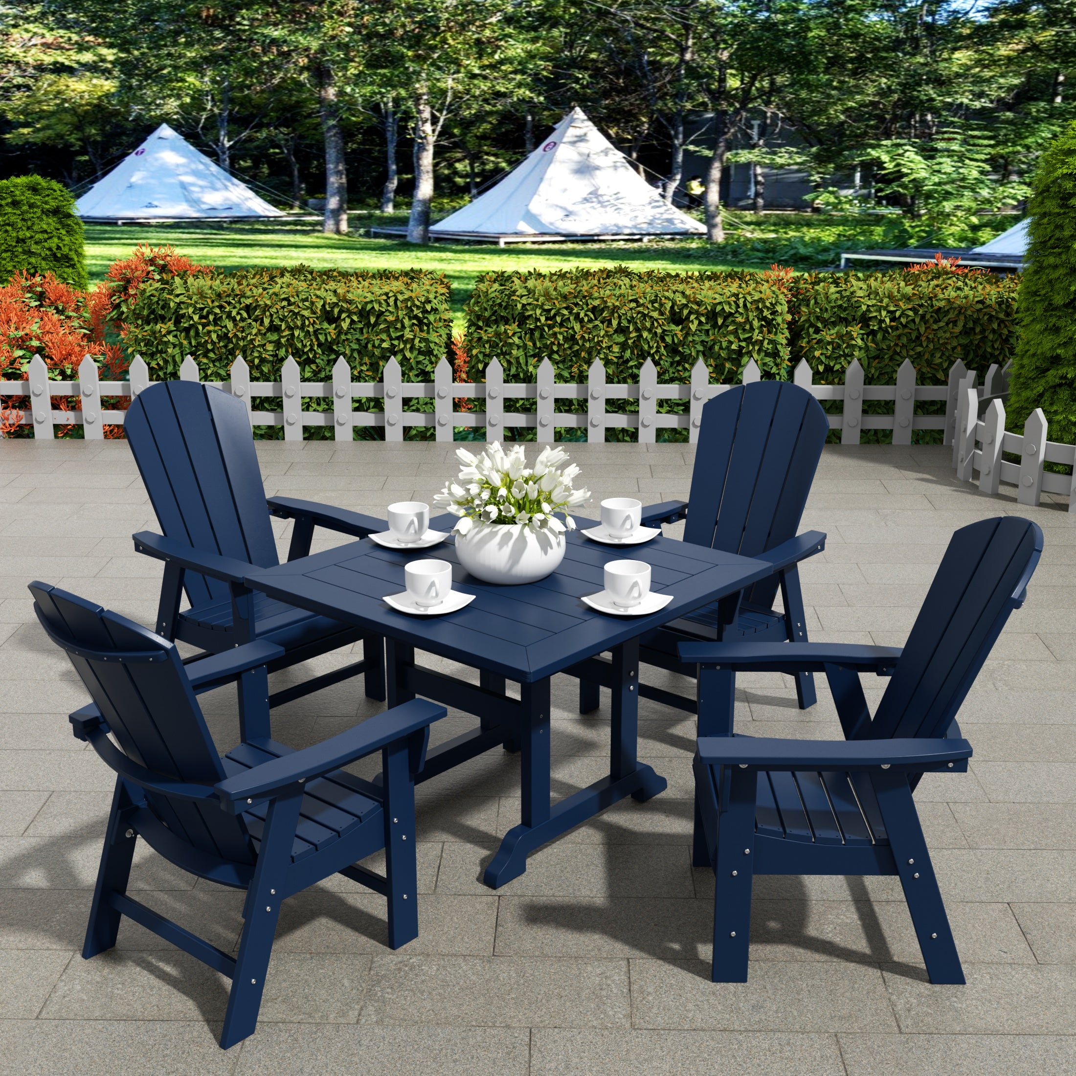 Malibu 5 Piece Outdoor Patio Dining Square Table and Curved Back Armchair Set