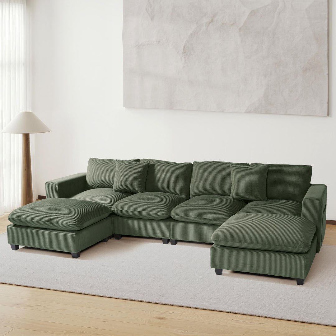 Hearthside 128" Corduroy Modular U-Shaped Sectional Couch and Chaise With USB/Type-C Ports and Side Pockets