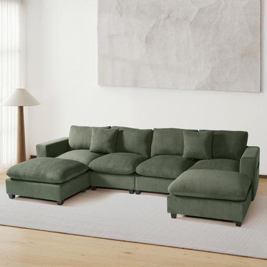 Hearthside 128" Corduroy Modular U-Shaped Sectional Couch and Chaise With USB/Type-C Ports and Side Pockets