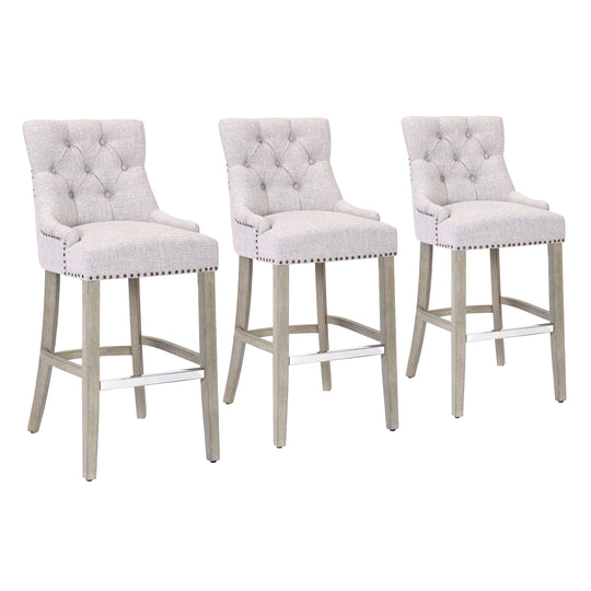 Hayes 29" Upholstered Tufted Wood Bar Stool (Set of 3), Antique Gray