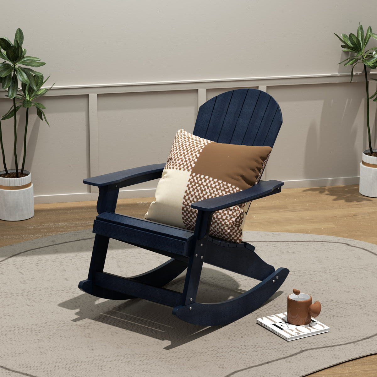 Tuscany Adirondack rocking chair in Navy Blue styled outdoors