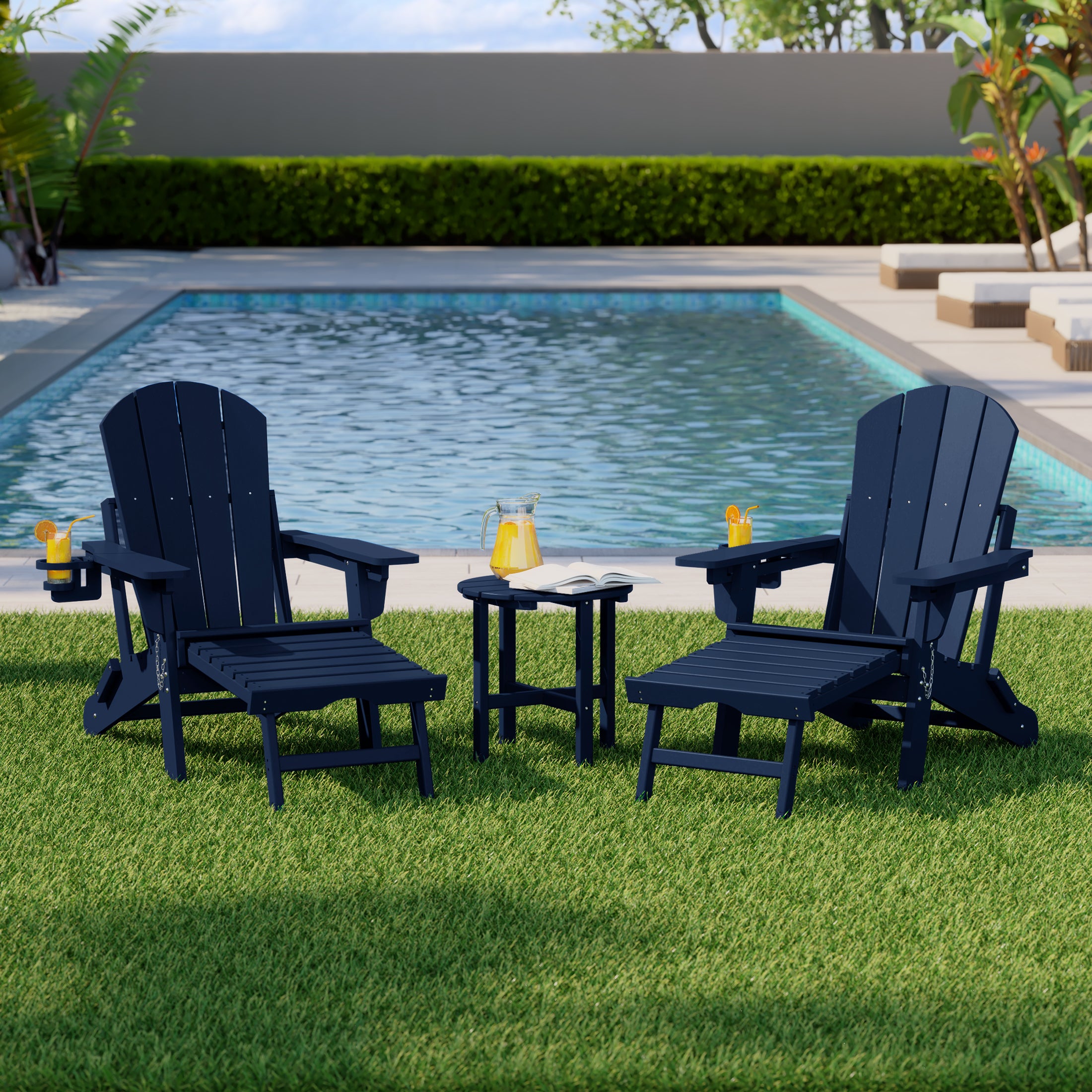 Malibu 3-Piece Outdoor Folding Adjustable Adirondack Chair with Cup Holder & Hideaway Ottoman and 18" Side Table