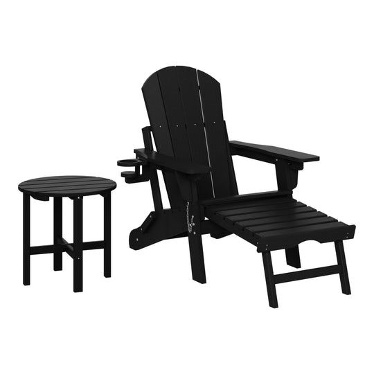 Malibu 2-Piece Outdoor Folding Adjustable Adirondack Chair with Cup Holder & Hideaway Ottoman and 18" Side Table