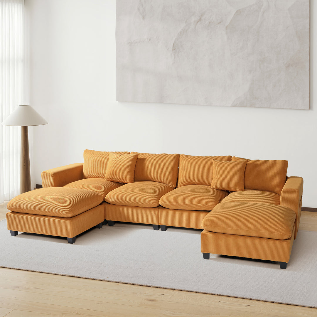 Hearthside 128" Corduroy Modular U-Shaped Sectional Couch and Chaise With USB/Type-C Ports and Side Pockets