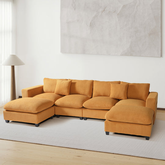 Hearthside 128" Corduroy Modular U-Shaped Sectional Couch and Chaise With USB/Type-C Ports and Side Pockets