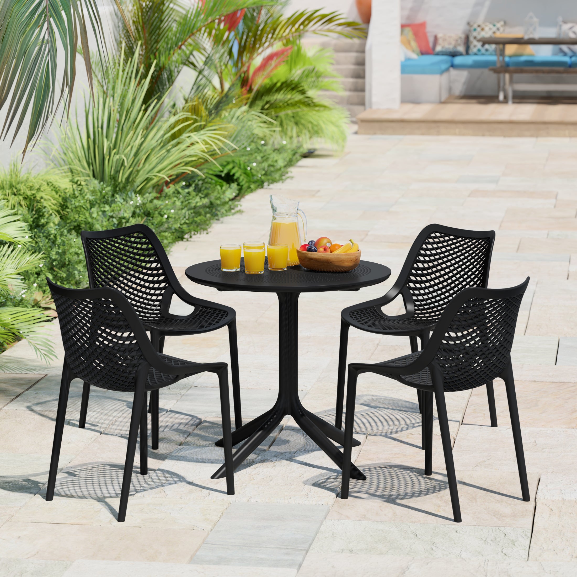 Playa 5-Piece Modern Round Patio Dining Table Set with Stackable Patio Dining Chairs