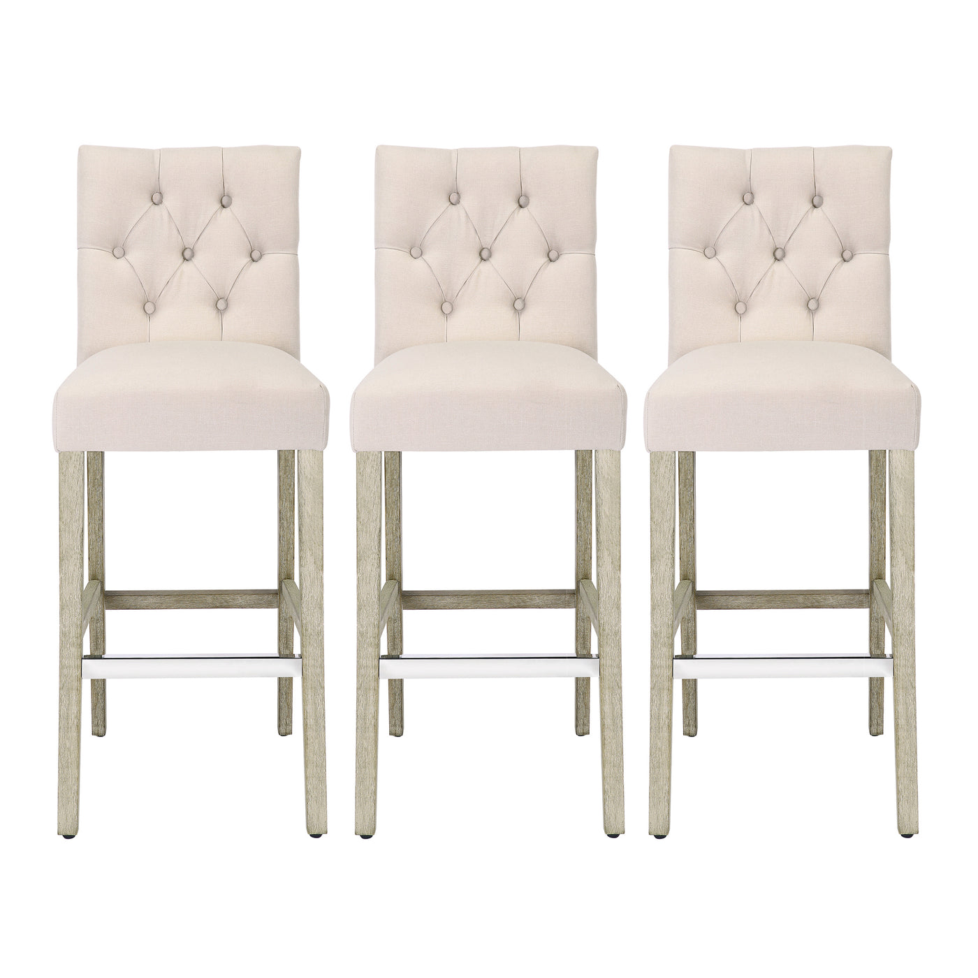 Hayes 29" Linen Fabric Tufted Bar Stool (Set of 3), Antique Gray