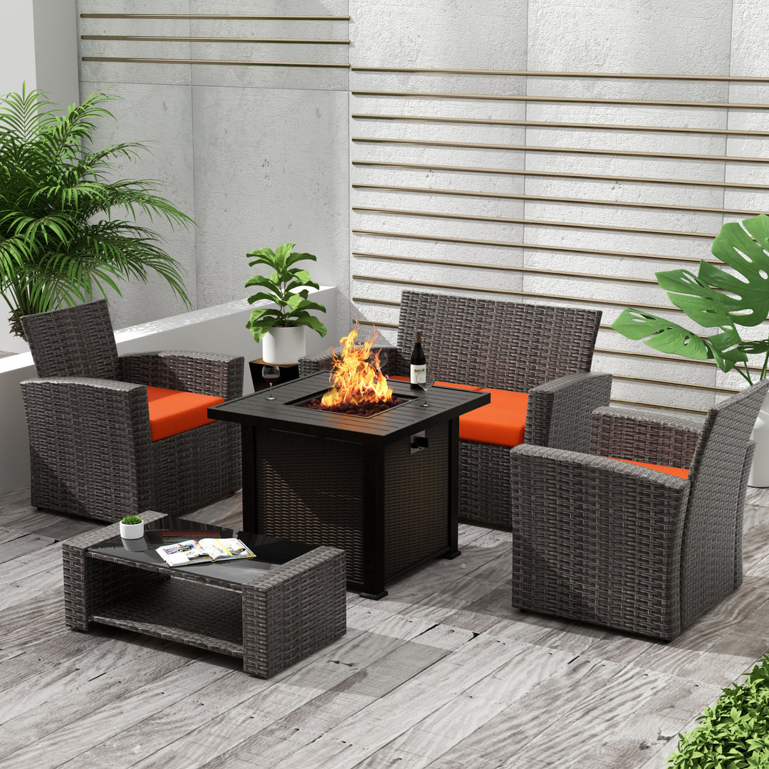 Coastal 4-Piece Gray Outdoor Patio Conversation Sofa Set with Square Fire Pit Table