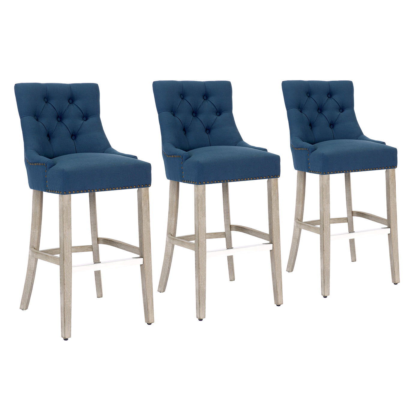 Hayes 29" Upholstered Tufted Wood Bar Stool (Set of 3), Antique Gray
