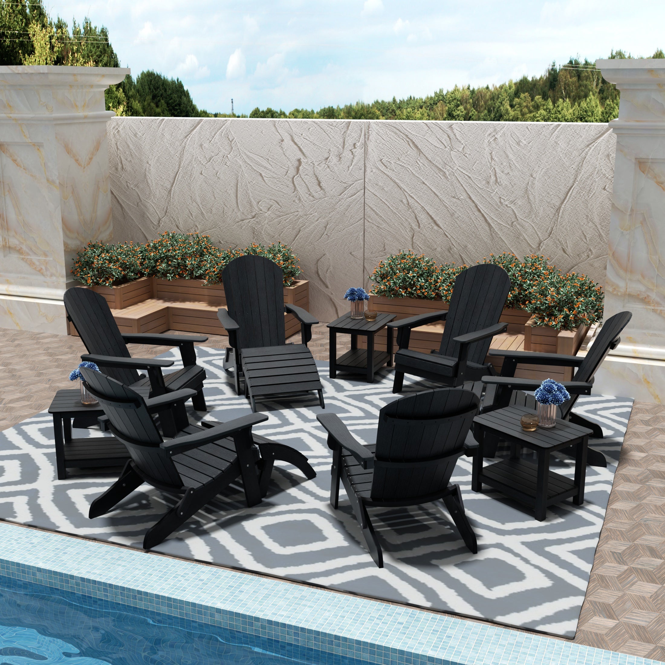 Tuscany 6 Person Folding Adirondack Seashell With Side Table and Folding Ottoman