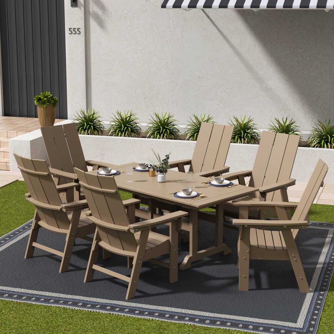 Ashore 7-Piece Outdoor Patio Dining Table and Modern Adirondack Armchair Set