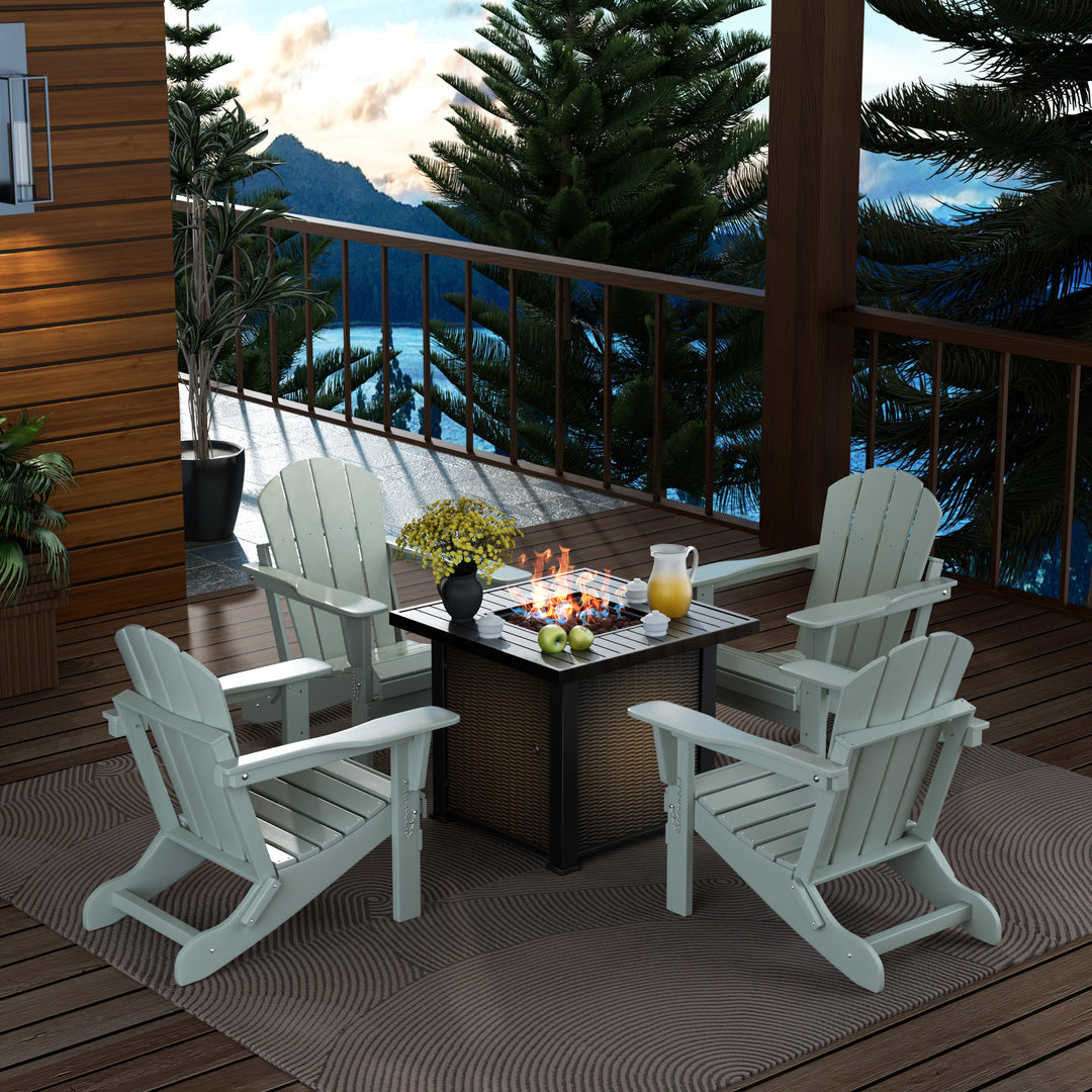 Malibu Modern Folding Poly Adirondack Chair With Square Fire Pit Table Set