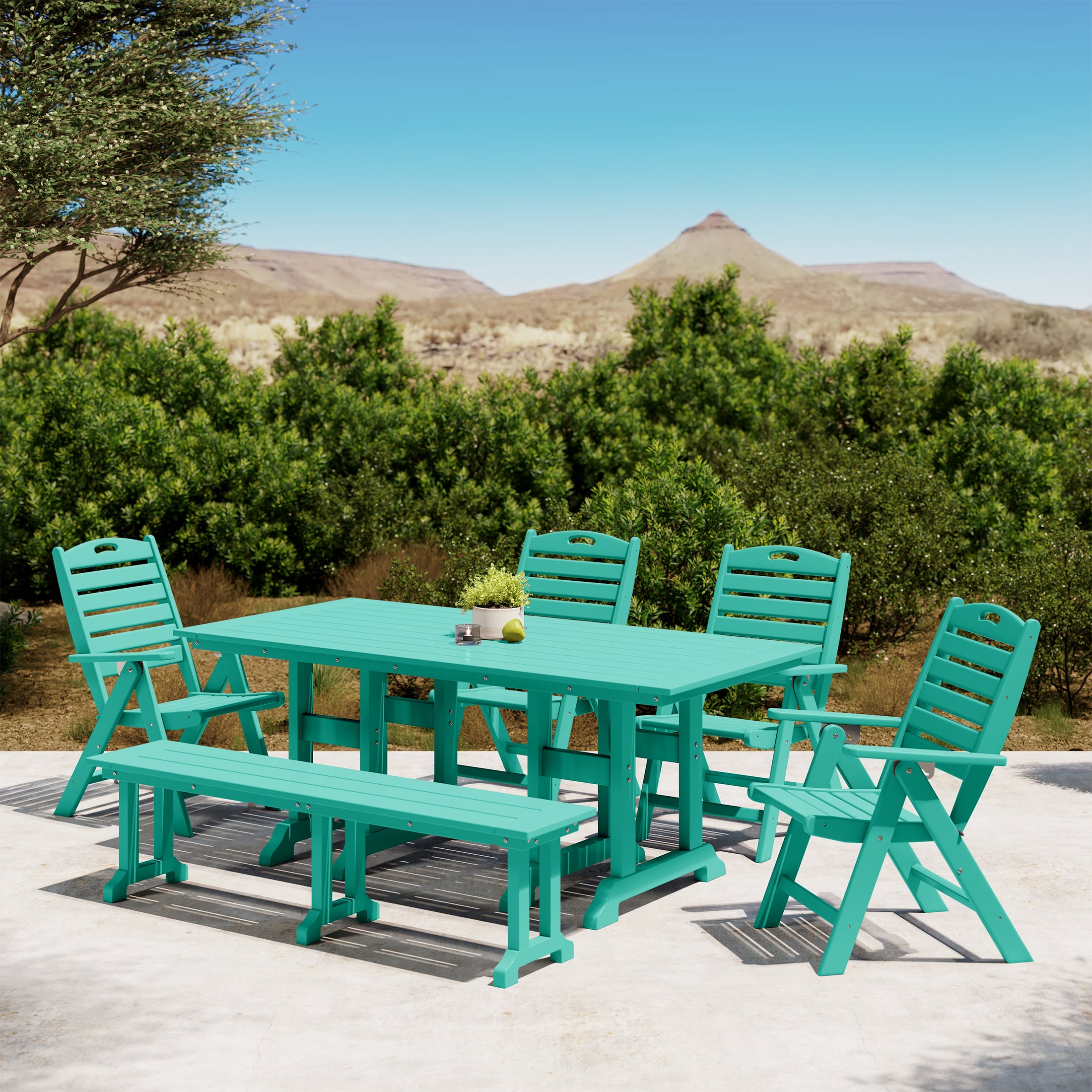 Malibu 6-Piece HDPE Rectangular Patio Dining Table Set with Foldable Chairs and Patio Bench