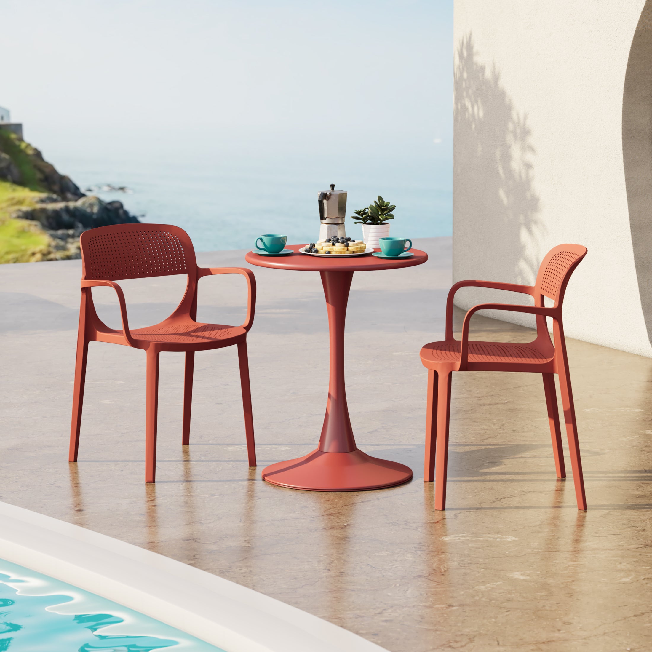 Playa 3-Piece Round Metal Bistro Dining Table Set And Stackable Resin Patio Dining Arm Chairs