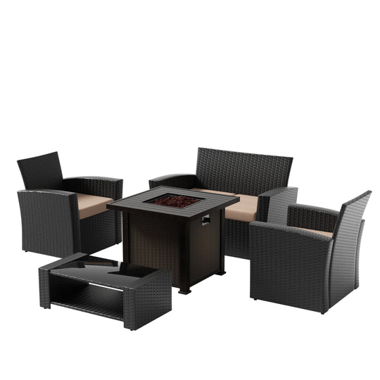 Coastal 4-Piece Black Outdoor Patio Conversation Sofa Set with Square Fire Pit Table