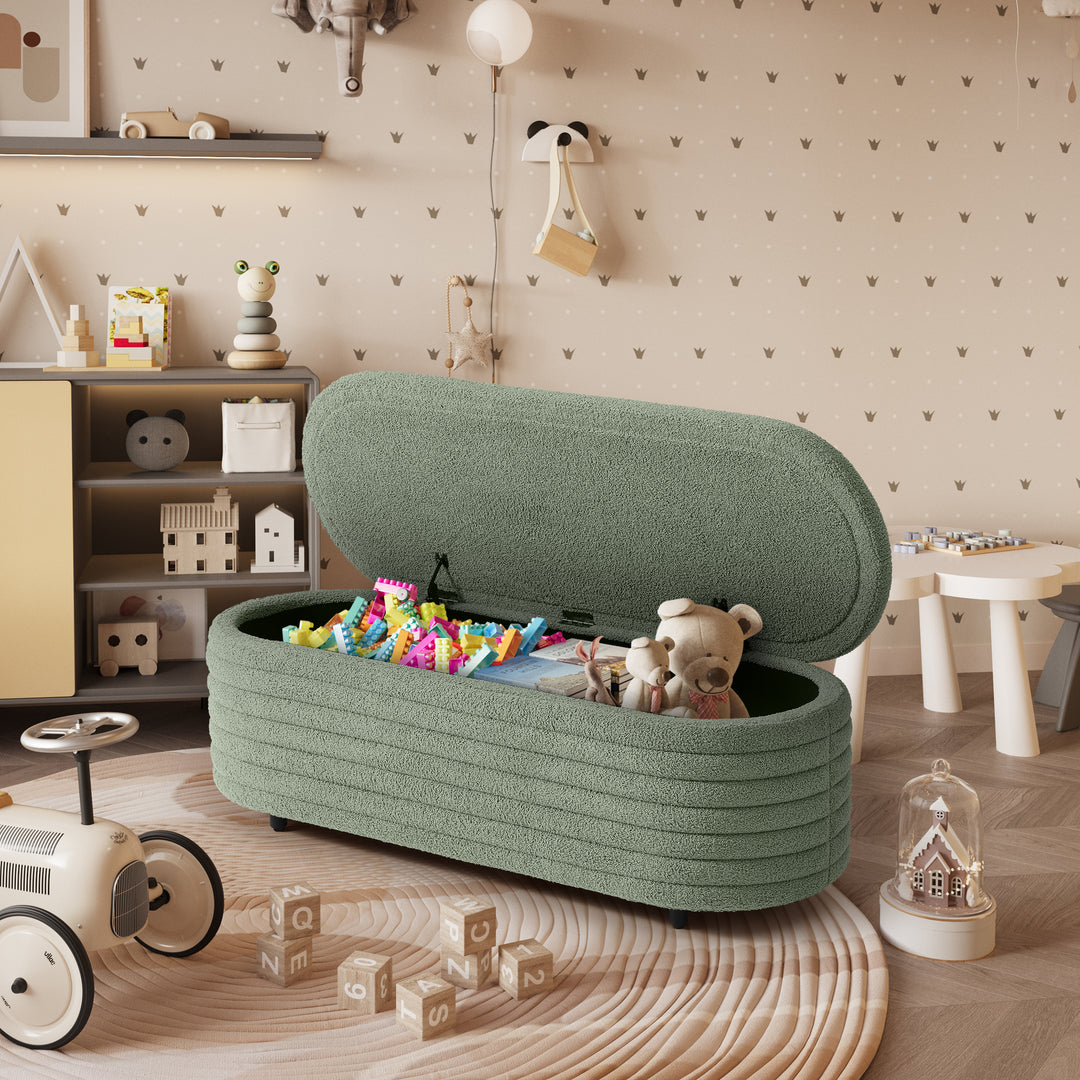 Alexandria 54" Wide Mid-Century Modern Upholstered Teddy Sherpa Tufted Oval Storage Ottoman Bench
