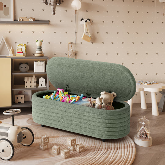 Alexandria 54" Wide Mid-Century Modern Upholstered Teddy Sherpa Tufted Oval Storage Ottoman Bench