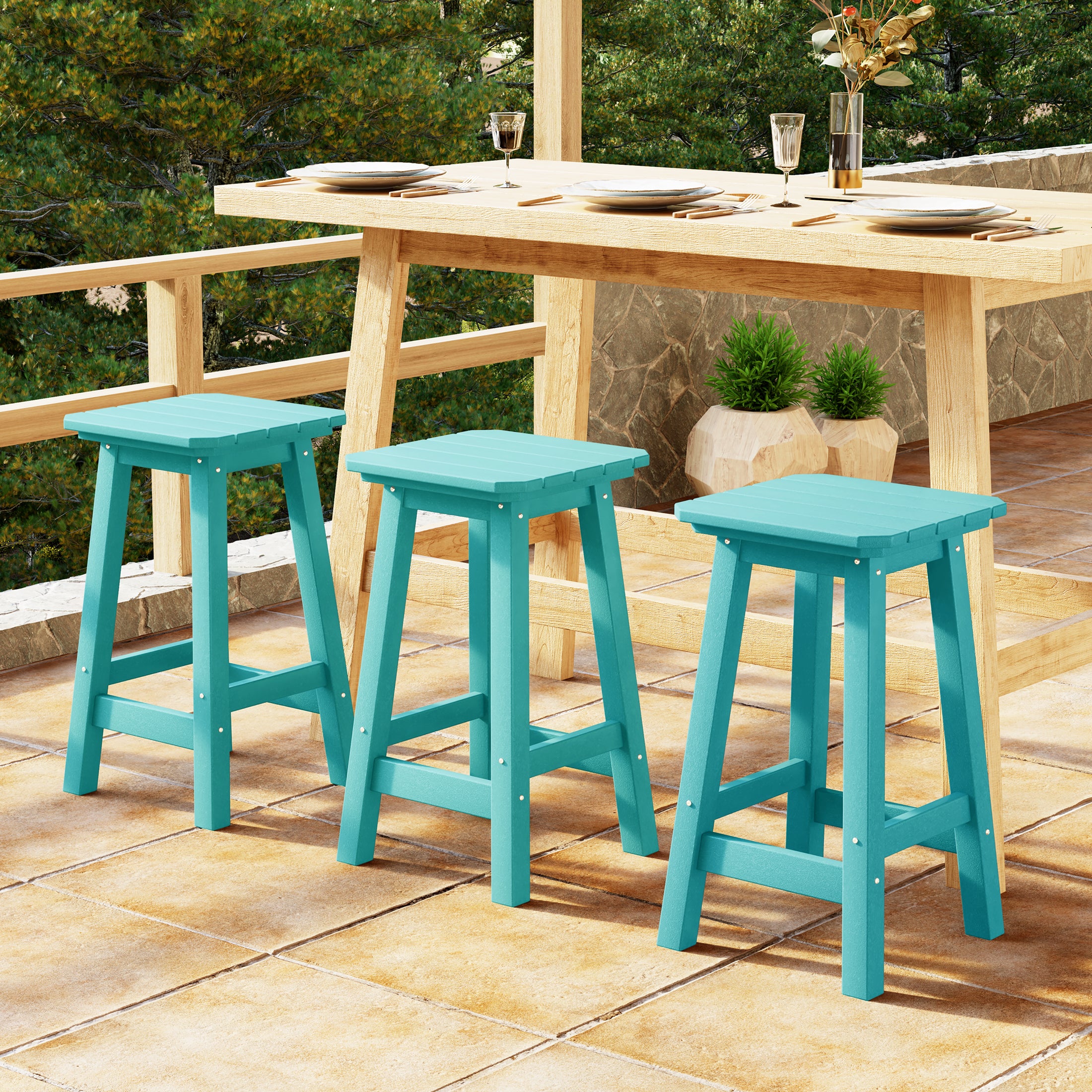 Malibu 24" HDPE Outdoor Patio Counter High Backless Square Bar Stools Set of Three