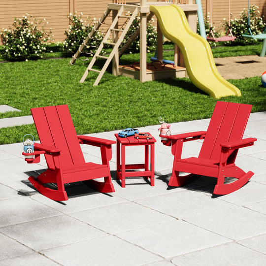 Ashore 3-Piece Kids Modern Rocking Chair With Cup Holder and Square Side Table Set