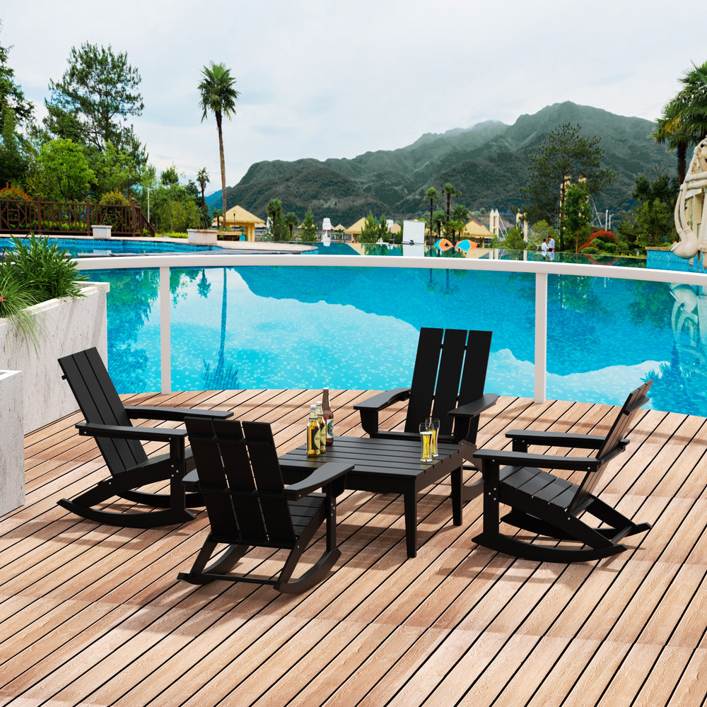 Ashore 5-Piece Set Modern Plastic Outdoor Rocking Chairs with Square Side Table