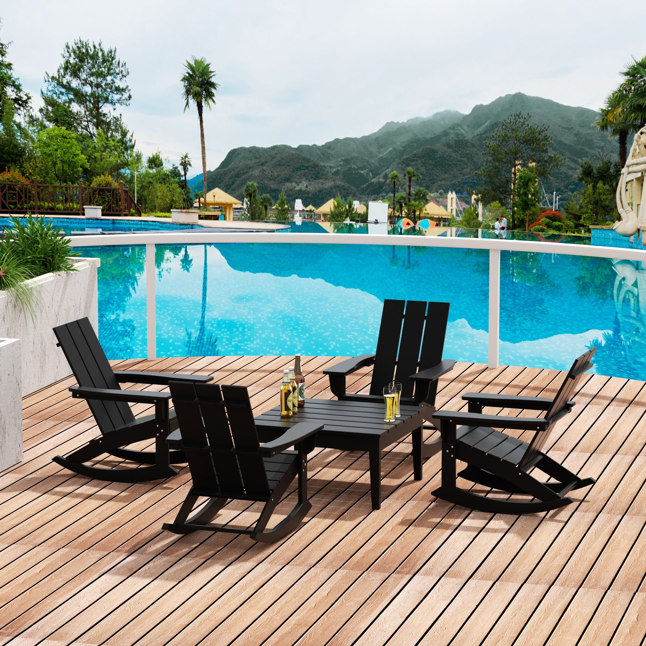 Ashore 5-Piece Set Modern Plastic Outdoor Rocking Chairs with Square Side Table