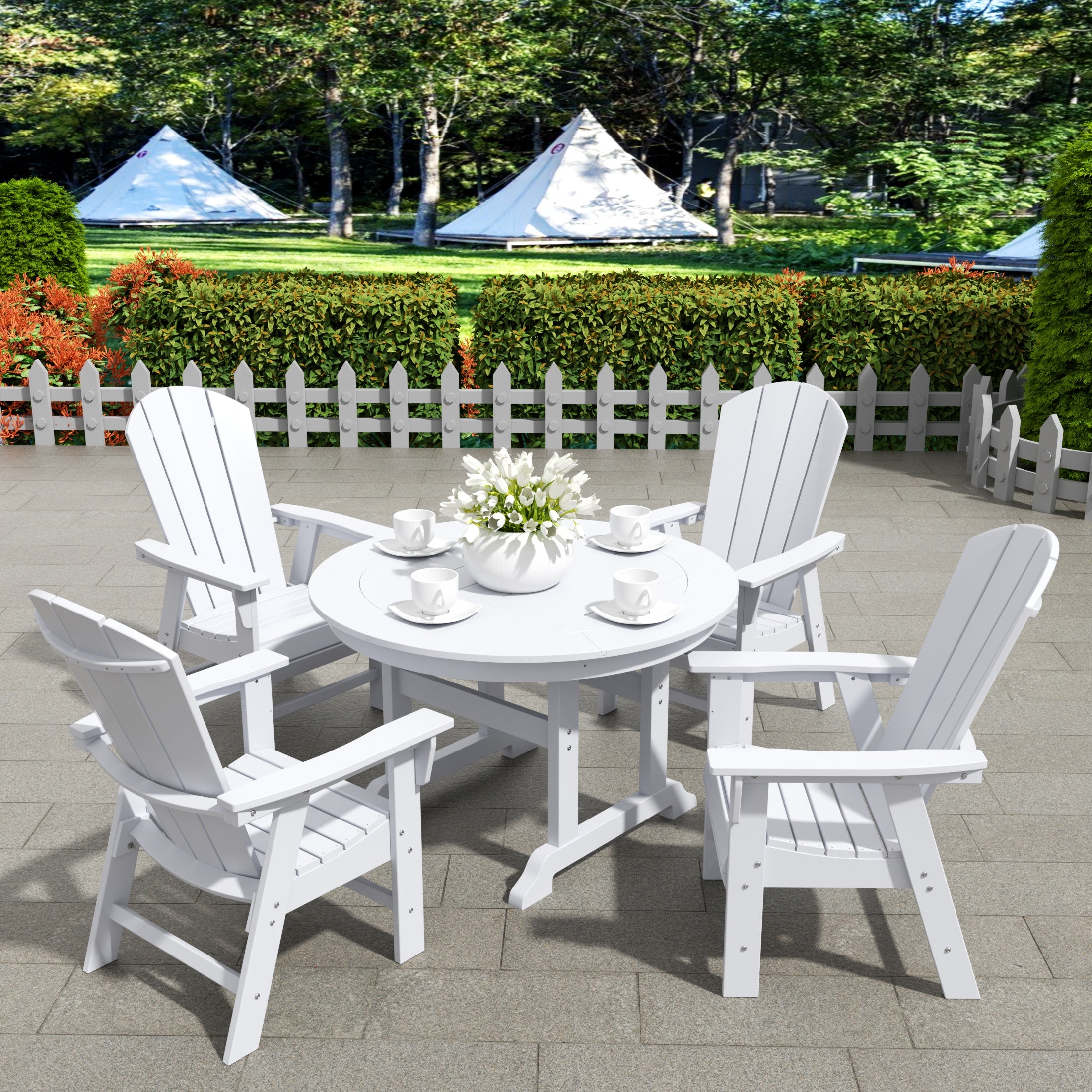 Malibu 5 Piece Outdoor Patio Dining Round Table and Curved Back Armchair Set